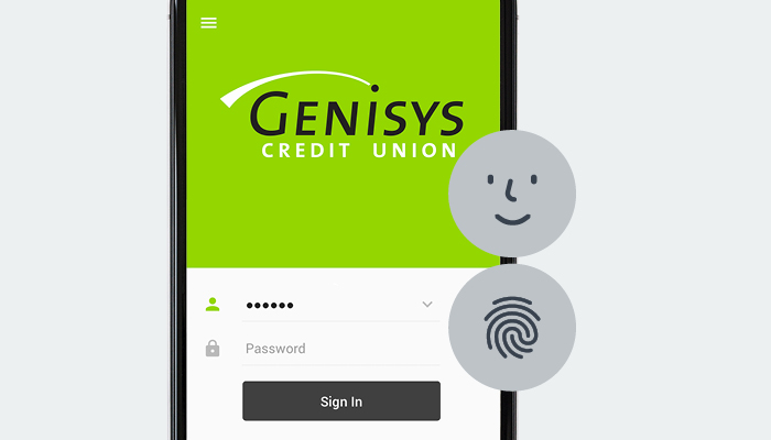 Genisys Credit Union mobile app login screen with touch ID and face recognition icons