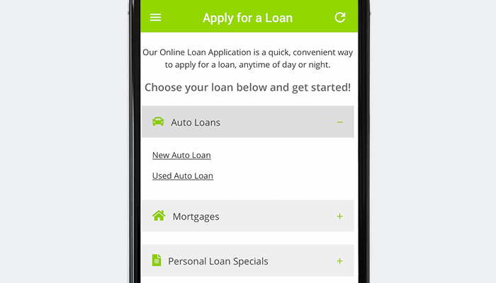 Genisys Credit Union mobile app apply for a loan screen