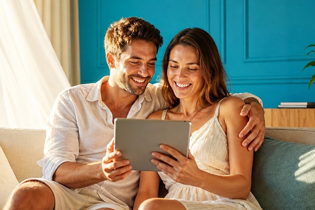Man and woman sitting at home using a tablet device