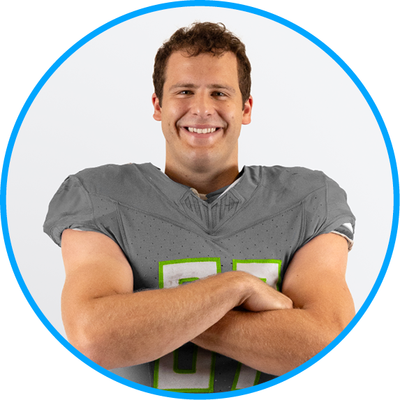 Sam LaPorta smiling in a circle graphic