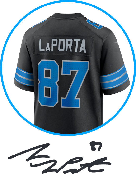 Sam LaPorta jersey with his signature underneath it