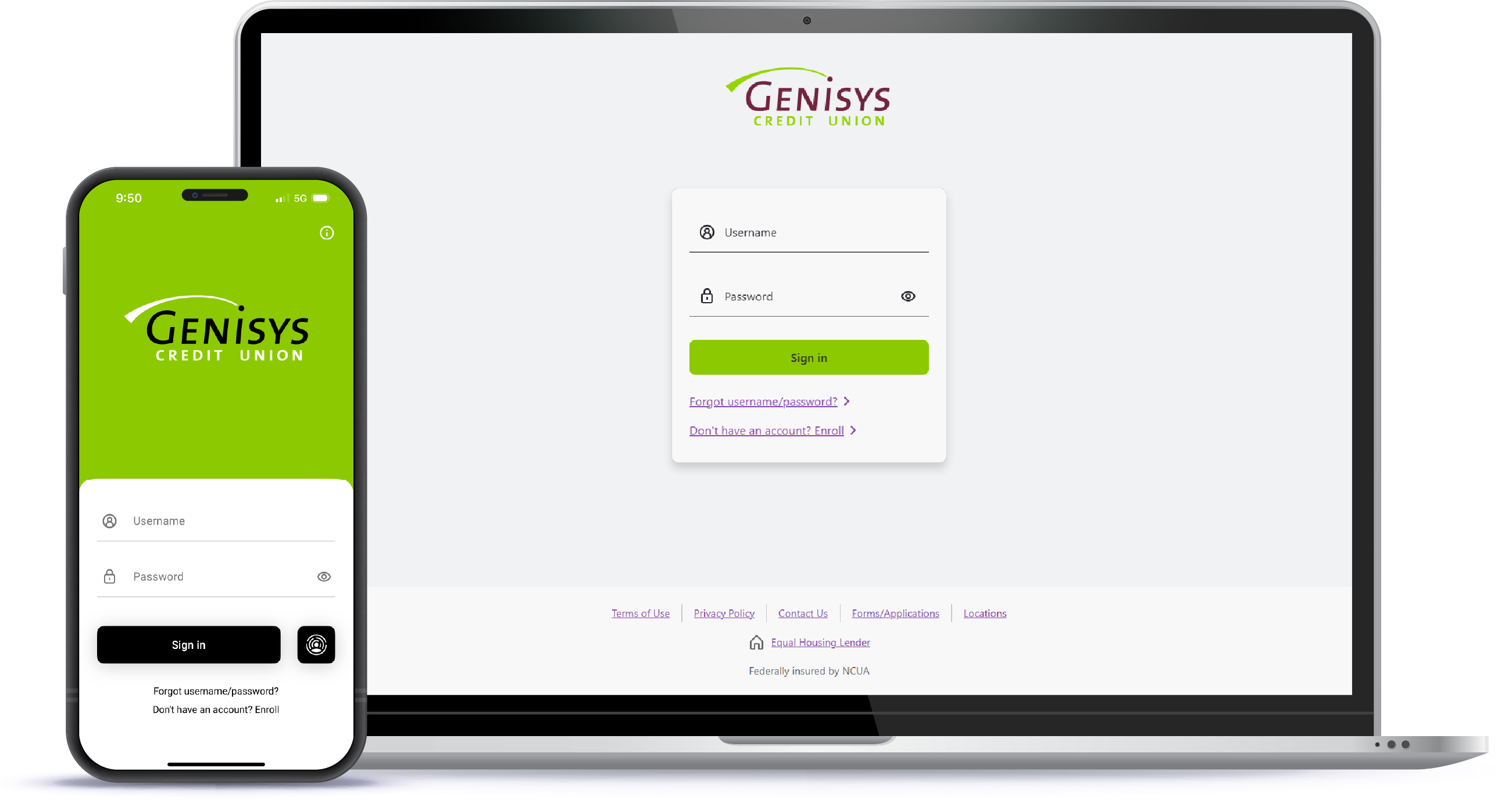 phone and laptop showing the new mobile and online banking login screen